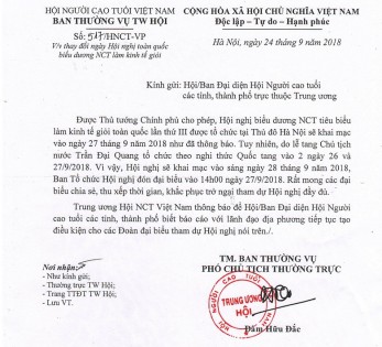 Công văn số 517/HNCT-VP, ngày 24/9/2018 của Ban Thường vụ Trung ương Hội NCT Việt Nam về việc “Thay đổi ngày Hội nghị toàn quốc biểu dương NCT làm kinh tế giỏi” 